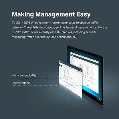 TP-Link TL-SG1428PE 24 Port Gigabit PoE Switch Easy Smart Managed 24 PoE+ Port @250W w/ 2 UL Gigabit Ports + 2 SFP Slots PoE Auto Recovery QoS, Vlan, IGMP & LAG