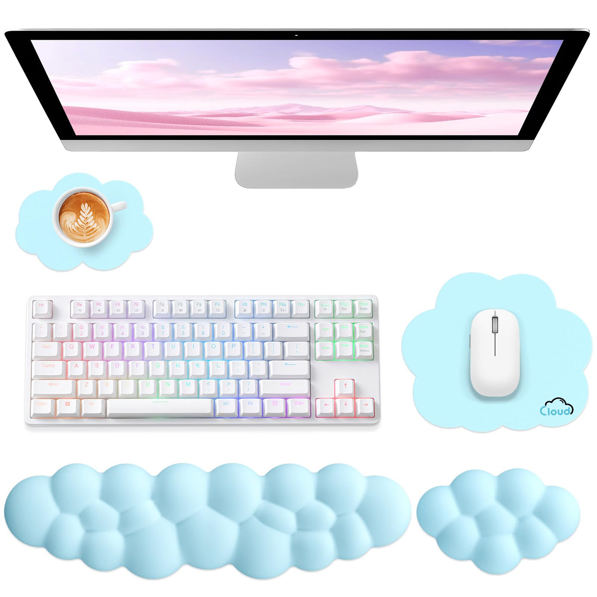Sushret Cloud Wrist Rest for Computer Keyboard and Mouse Pad Set, Pink