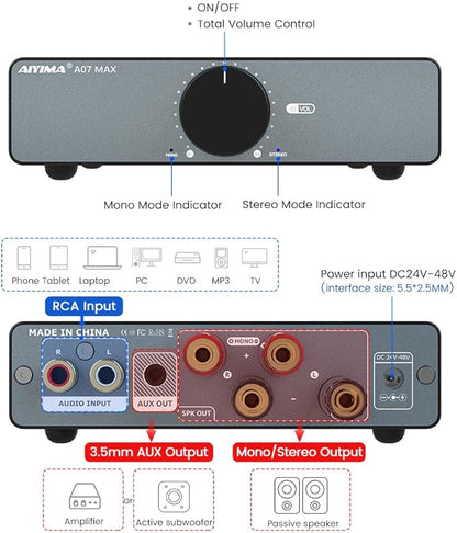AIYIMA A07 MAX 2 Channel Stereo Amplifier Home Audio 300W*2 TPA3255 Class D Power Amp/Bridgeable Mono Amplifier 600 Watt with 3.5mm Line Output for Passive Bookshelf Speakers+DC36V 6A Power Adapter