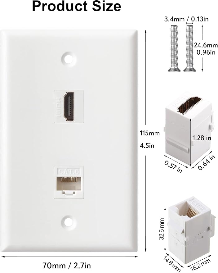 HDMI Ethernet Wall Plate - 1 Port 4K HDMI Keystone to Female, 1 Port CAT6 Keystone to Female - White