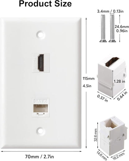 HDMI Ethernet Wall Plate - 1 Port 4K HDMI Keystone to Female, 1 Port CAT6 Keystone to Female - White