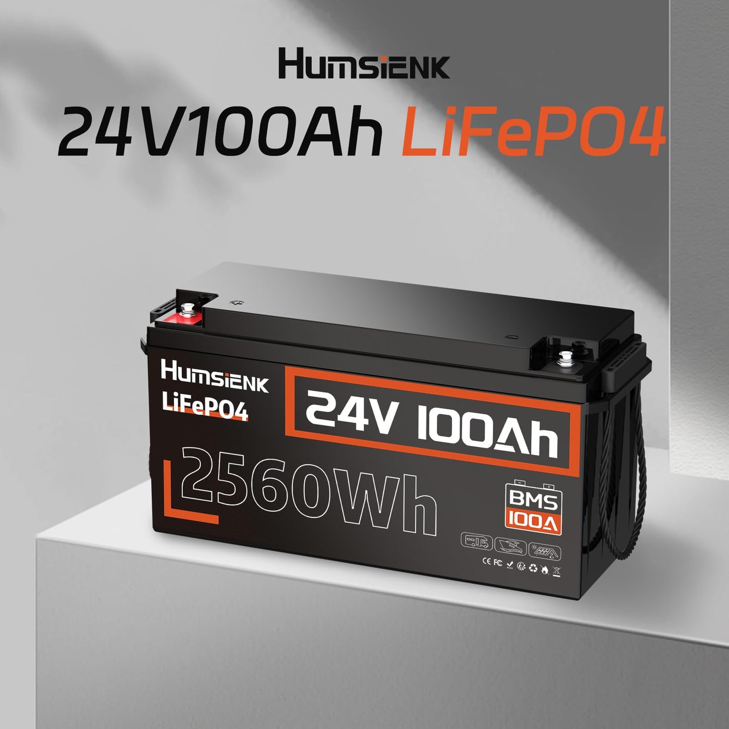 HumsiENK 24V 100Ah LiFePO4 Lithium Battery, Built-in 100A BMS with Low-Temp, 15000+ Deep Cycles 10 Years Lifespan, 2560Wh Lithium Iron Phosphate Battery, for RV, Trolling Motors, Off-Grid, Marine