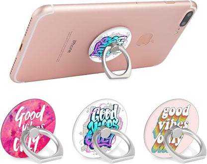 Bonoma Phone Ring Holder, 3 Pack Good Vibes Only Universal Finger Ring Stand Grip Kickstand Compatible with Smartphones and Tablets