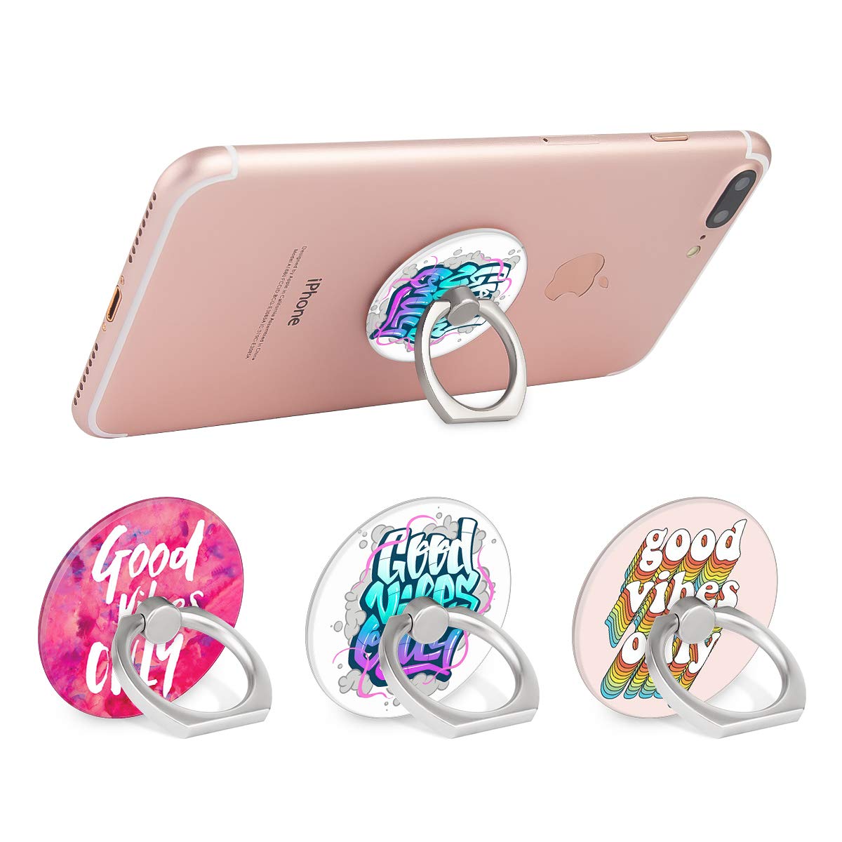 Bonoma Phone Ring Holder, 3 Pack Good Vibes Only Universal Finger Ring Stand Grip Kickstand Compatible with Smartphones and Tablets