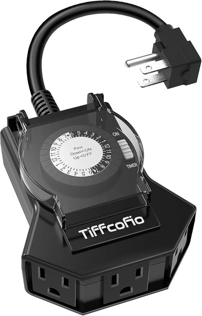 Outdoor Timer Outlet Waterproof, 24 Hour Mechanical Light Timer Outdoor, 2 Grounded Outlets for Home and Garden, 15A 1/2HP, Heavy Duty, ETL Listed (1 Pack)