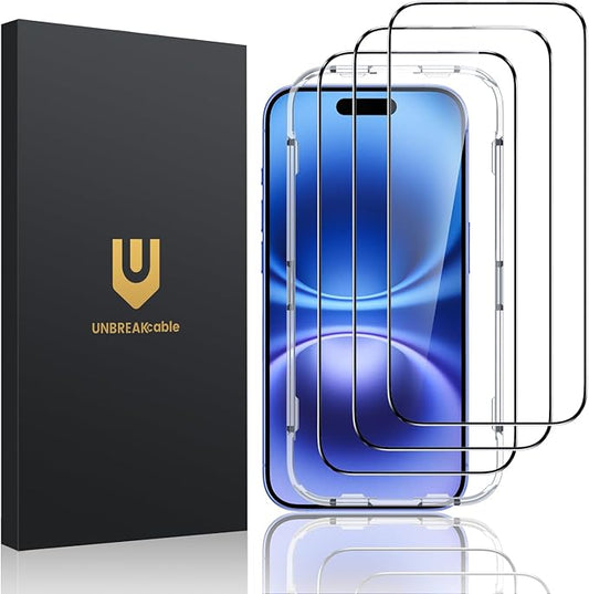 UNBREAKcable for iPhone 16 Screen Protector, 3-Pack Full Coverage Tempered Glass [Military Grade Shatterproof] [9H Hardness] [Easy Installation Frame] [Bubble Free] for iPhone 16 6.1"