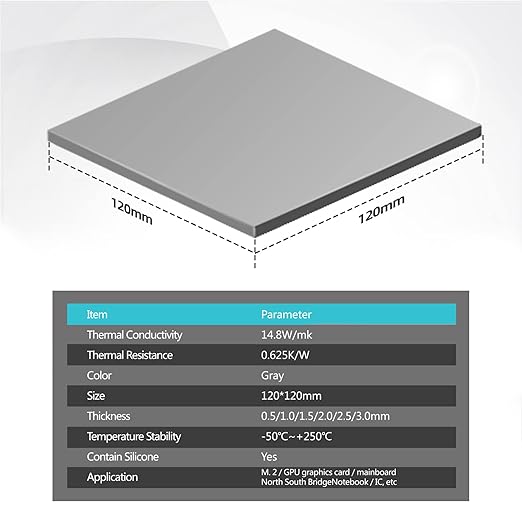 Maxtor Thermal Pad 14.8 W/mK, 120x120x3.0mm(1 pcs) Silicone Thermal Pads Non Conductive Heatsink Cooling Pad, Highly Efficient Heat Resistant Soft Pad for Laptop Heatsink/SSD/CPU/IC/LED Cooler