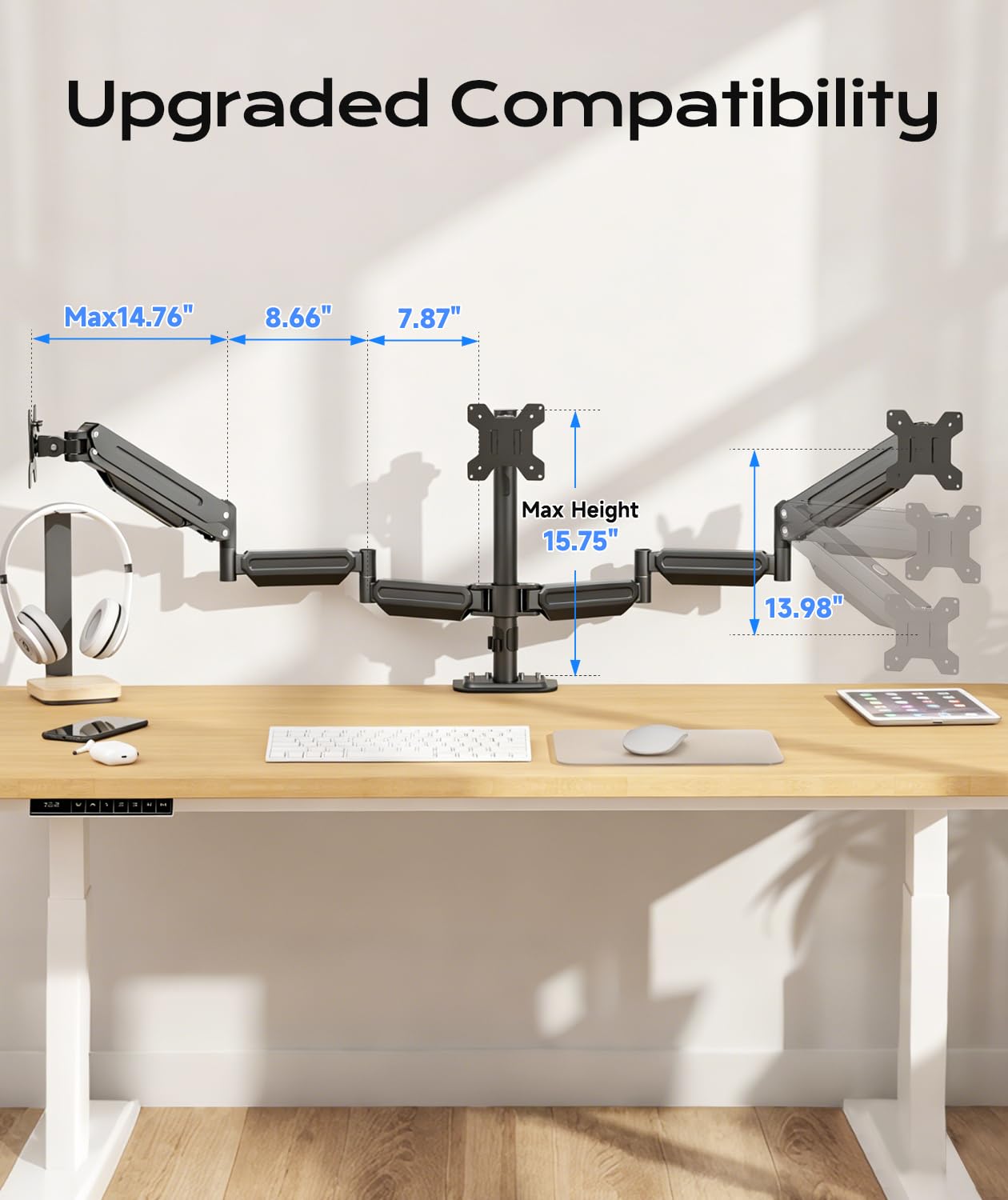Pholiten Triple Monitor Mount for Desk, 2 Gas Spring Monitor Arms for 17-32 inches Screen, Fully Adjustable Heavy Duty Monitor Mount with Clamp & Grommet Mounting, Each Arm Holds 22 lbs