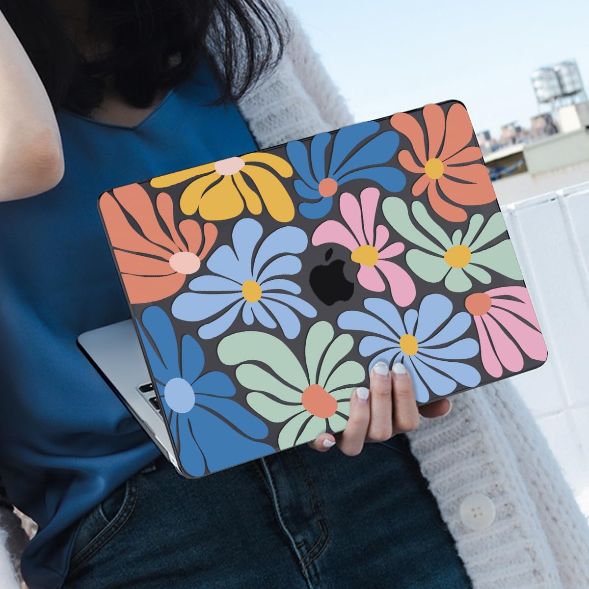LCMOCICO Compatible with 2021 2020 2019 2018 MacBook Air 13 inch Case M1 A2337 A2179 A1932 Touch ID, Crystal Printed Pattern Plastic Hard Shell Case for Mac Air 13 M1 2021, Colorful Flowers Black