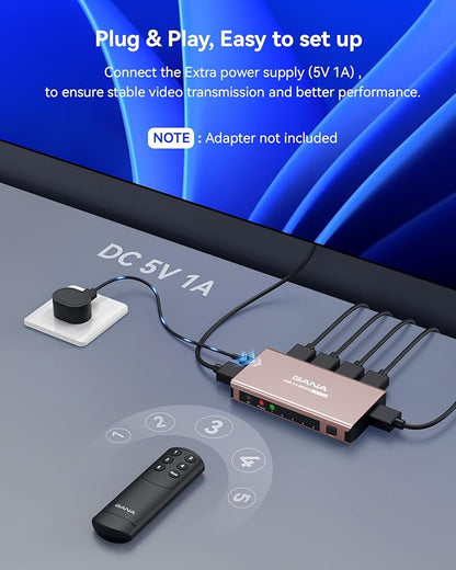 HDMI Switch 5 in 1 Out 4K@60Hz, GANA HDMI Splitter Switcher with Remote, Aluminum HDMI 2.0 Switch Box Hub for 3D, HDCP2.2, HDR, Compatible with Xbox, PS5/4/3,Fire Stick,Roku,Blu-Ray Player, Rose