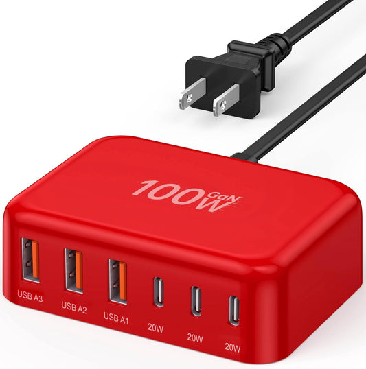 USB C Charger Block, GaN Fast USB Charging Station Hub with 100W Max 6-Port