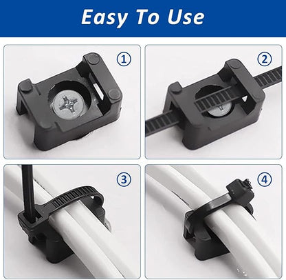 Cable Zip Tie Mounts Kit - 120 Set Wire Cable Clips Organizer Holders with 8" Cable Ties, Saddle Type Mounts Base and Tapping Screw, White