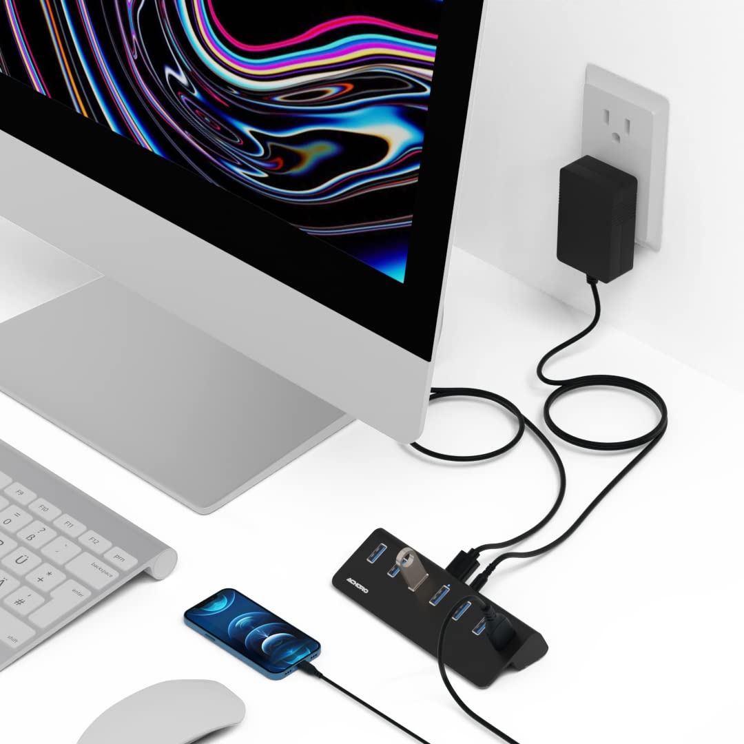 Achoro 7-Port Powered USB 3.2 Hub (2nd Gen) – 10Gbps Super Speed Aluminum USB Expander for Computer, Mac, PC, Laptop, Smartphone & Tablet – External Multi-Port Hub