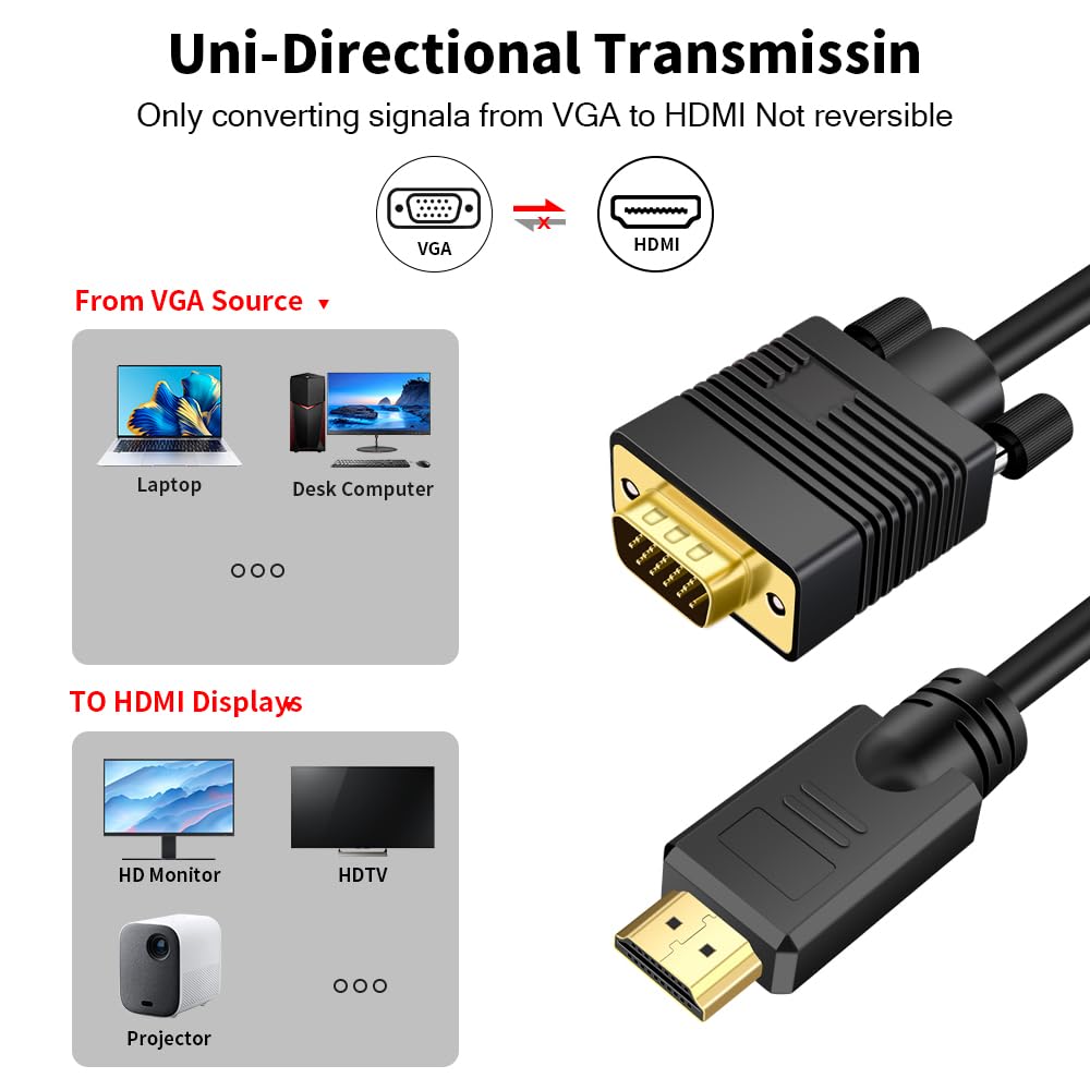 Kirzi VGA (Sources) to HDMI (Display) Cable 6ft with Audio, VGA Maleto HDMI Male Converter Cord Adapter Cable Compatible Witch Computer/Laptop to Monitor/TV, Desktop Laptop Projector to Monitor HDTV