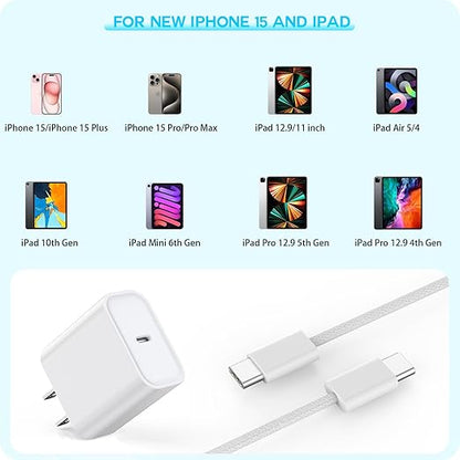 10FT Woven Cable for Apple 16 15, 60W 10Foot USB C to Type C Braided Charger Cable Cord & 20W USB C Charger Block Cube Travel Plug Super Quick Charging for iPhone 16 15/16 15 Plus/Pro/Pro Max,iPad Pro