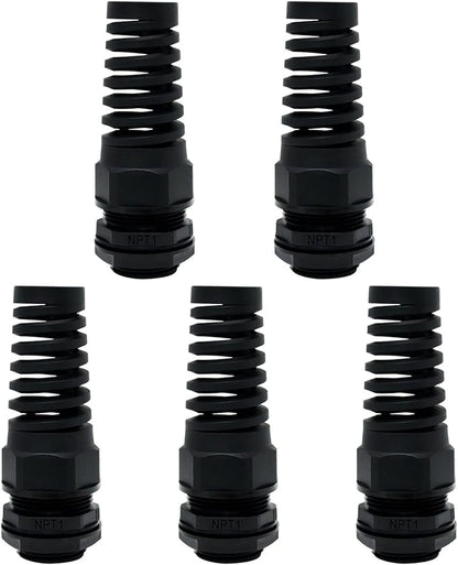 LeMotech 5Pcs NPT 1" IP68 Waterproof Cable Gland Flex Spiral Strain Relief Black Nylon Joint with Gaskets for 18-25mm Wire Thread