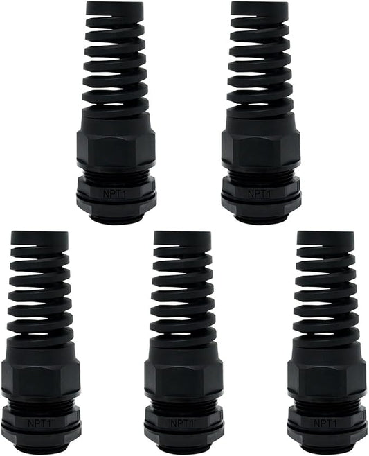 LeMotech 5Pcs NPT 1" IP68 Waterproof Cable Gland Flex Spiral Strain Relief Black Nylon Joint with Gaskets for 18-25mm Wire Thread