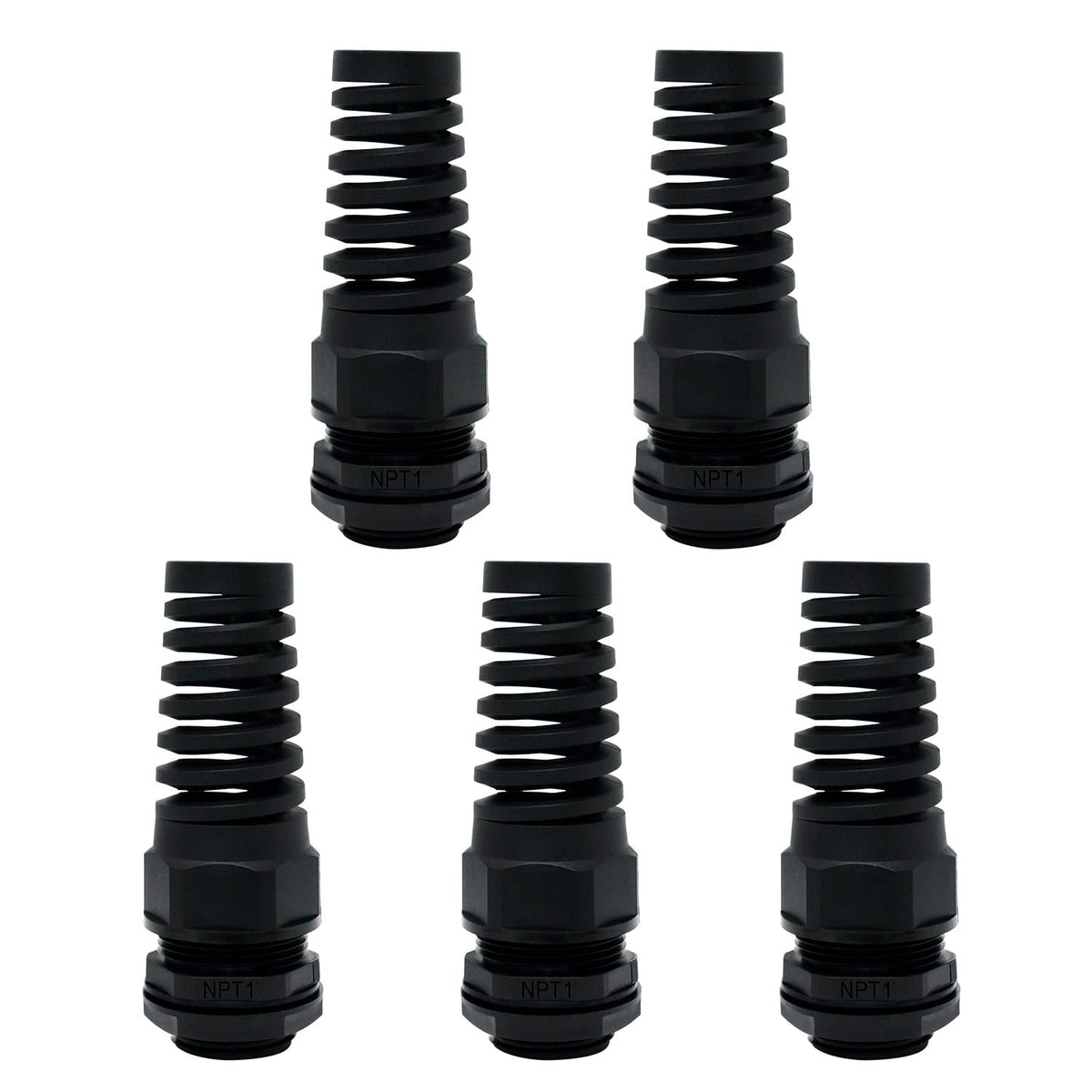 LeMotech 5Pcs NPT 1/2" IP68 Waterproof Cable Gland Flex Spiral Strain Relief Black Nylon Joint with Gaskets for 6-12mm Wire Thread