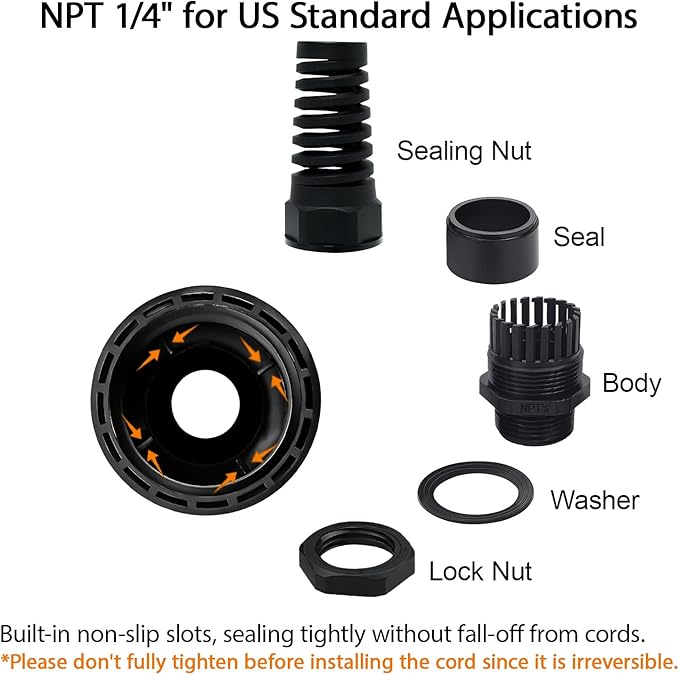 LeMotech 10Pcs NPT 1/4" IP68 Waterproof Cable Gland Flex Spiral Strain Relief Black Nylon Joint with Gaskets for 4-8mm Wire Thread