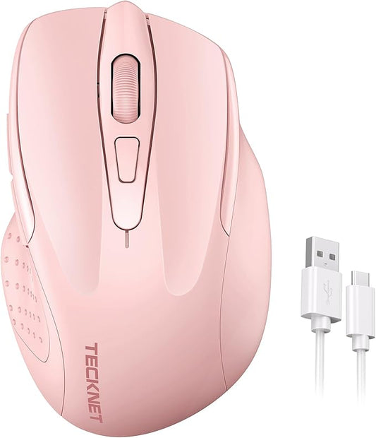 TECKNET Wireless Mouse Rechargeable, 2.4G USB-A Silent Mouse, Quiet Click, 6 Adjustable 4800 DPI, Cordless Computer Mice, Ergonomic Mice for Laptop, 6 Buttons for Chromebook, Ergo Grip - Pink