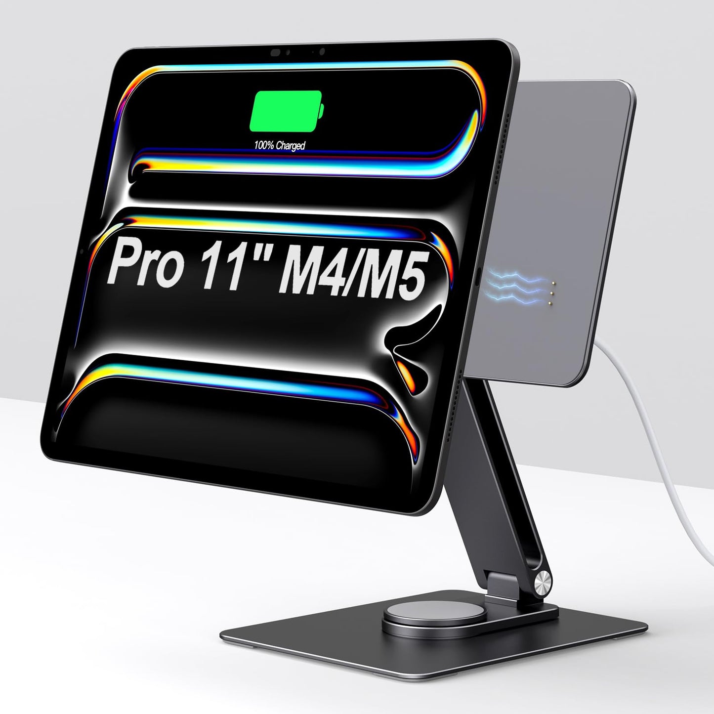 GEWOKLIY Magnetic iPad Pro M4&M5 11-inch Stand with Wireless Charging 18W, 360° Rotating Aluminum Tablet Holder for iPad Pro M4/M5 11-inch, Adjustable Desk Mount Series (M4/M5-11inch)