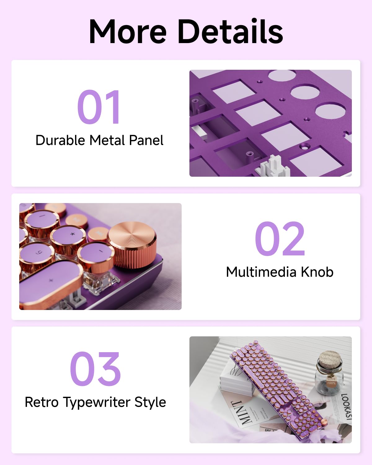 EWEADN Wired Typewriter Mechanical Keyboard, Low Noise Pink Switch Retro Punk Keyboard with Media Knob, White Backlit, Metal Panel, 104-Key Round Keycaps Cute Keyboard for Windows PC -Purple