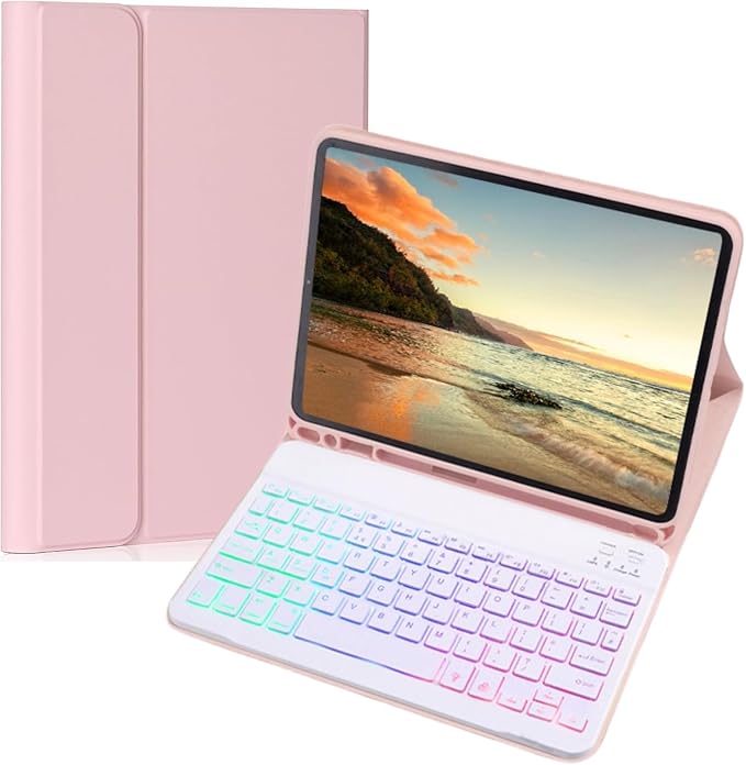 Keyboard Case for Galaxy Tab S6 Lite 10.4 Inch 2024/2022/2020, Slim Lightweight 7 Color Rainbow Backlight Detachable Magnetic Bluetooth Keyboard Cover with S Pen Holder,Pink