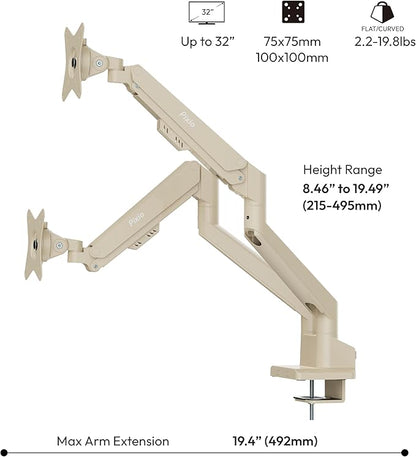 Pixio PS1D Wave Beige Dual Monitor Arm Stand Desk Mount - Fits up to 32 inches Monitors and up to 19.8lbs. VESA Compatibility and Integrated Cable Management