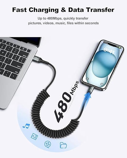 USB A to USB C Cable 3FT/6FT, Coiled USB C Cable for Car, 66W USB C Cable Fast Charging 3A USB C iPhone Cable Compatible with iPhone 16/15/Samsung Galaxy S20 S10 Plus Note 10 9 and More USB C Devices