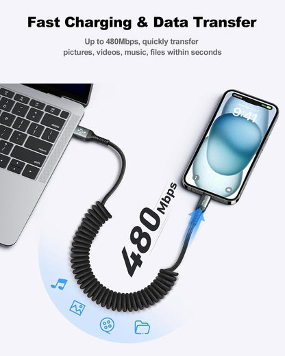 USB A to USB C Cable 3FT/6FT, Coiled USB C Cable for Car, 66W USBC Cable