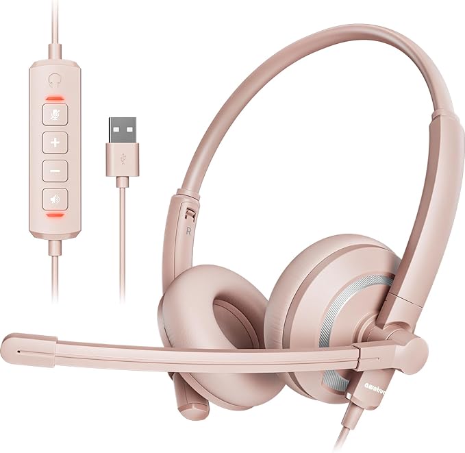 Computer USB Headset with Microphone for PC Laptop - WiredHeadphones with in-Line Control, Lightweight, Enhanced Sound & MIC Mute(Pink)
