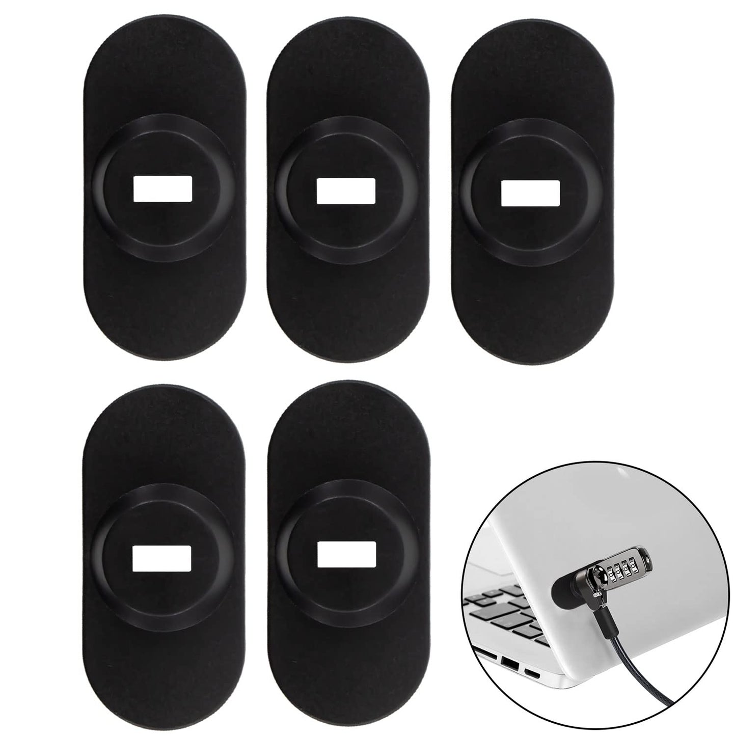 Zolunu 5Pack Anti Theft Self-Adhesive Security Plate with Slot for Cables to Lock Down Laptops, Mac Book, Tablets, iPad, or Other Computer (Black)