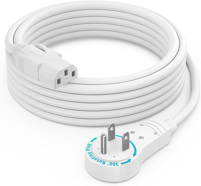 Maximm Monitor Computer Power Cord 10 Ft Flat Plug 360° Rotating PC Cable 3 Prong for, Desktop, Printer, Scanner, 16 AWG NEMA 5-15P to IEC13 - UL Certified
