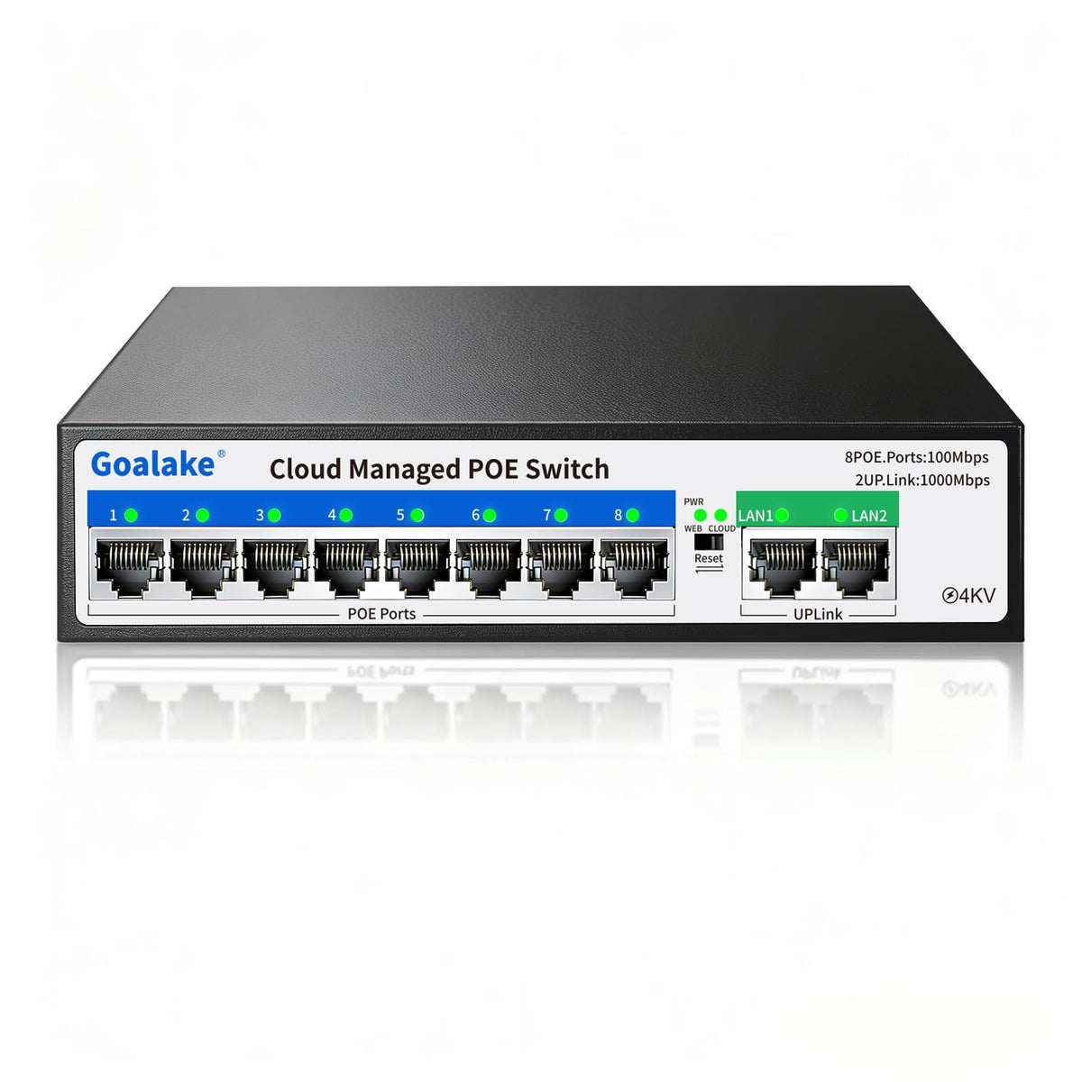 Goalake 8 Ports Gigabit PoE Switch with 2 Gigabit Uplinks, Cloud Managed for Small Business & Home Security,120W for IP Cameras/WiFi APs, Easy Manage via App/Web, VLAN/QoS, Fanless Metal,Plug-and-Play