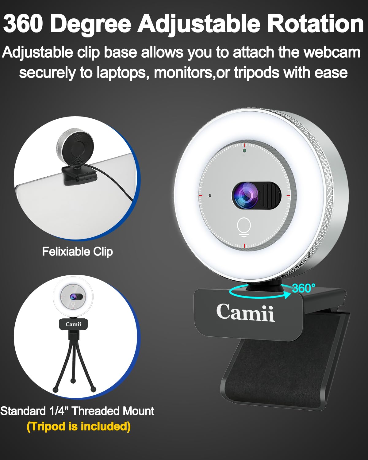Camii 2K Webcam with Light, HD Webcam for PC with Built-in Privacy Cover, Adjustable Brightness, Noise Reduction Mics, for Zoom Skype Teams Laptop and Google Meet