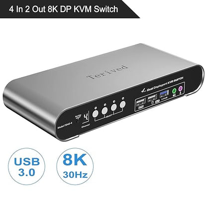 4 Computers 2 DP Monitors Automatic KVM Switch, 8K@30Hz 4K@144Hz 4 Port DP USB 3.0 Dual Monitor, Aluminum hotkey Audio Microphone, Digital Display, HDR10 with Cables