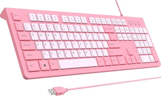 Wired Keyboard, Ultra-Thin USB Wired Computer Keyboard, Low-Profile Keys, Spill-Resistant, Multimedia Keys, Compatible with Windows, Mac, Chrome, Linux, and Android-Rose Pink