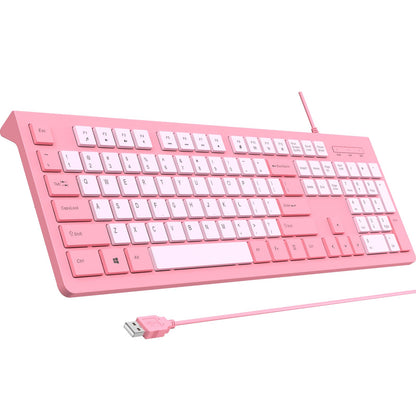 Wired Keyboard, Ultra-Thin USB Wired Computer Keyboard, Low-Profile Keys, Spill-Resistant, Multimedia Keys, Compatible with Windows, Mac, Chrome, Linux, and Android-Rose Pink