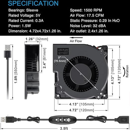 GDSTIME 120mm x 32mm USB Blower Fan with Speed Control, 5V Brushless DC Centrifugal Fans for Receiver DVR Xbox Modem AV Cabinet Cooling