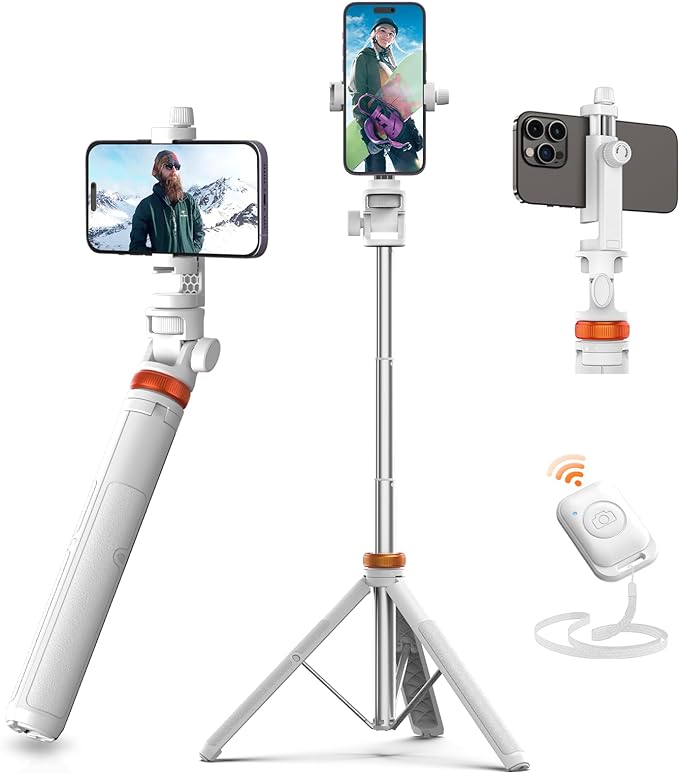EUCOS 62" Tripod for iPhone, Sturdy Selfie Stick Tripod with Remote & Lightweight Phone Stand, Solidest Portable Cell Phone Tripod, Compatible iPhone Pro Max/Android [White]