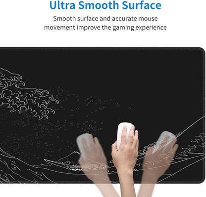 Japanese Gaming Mouse Pad Black Mouse Pad Kanagawa Large Mousepad Non-Slip Rubber Base Waterproof with Stitched Edges for Gaming Office Home, 31.5x11.8 Inch (Black Wave)