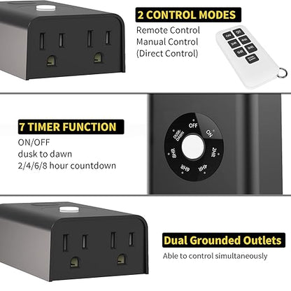 Minoston Outdoor Timer Outlet Waterproof with Remote, 2 Outlets Dusk to Dawn Plug, Light Sensor Countdown Timer 2 4 6 8 Hours 100Ft Remote Control Home Garden(MP42T)