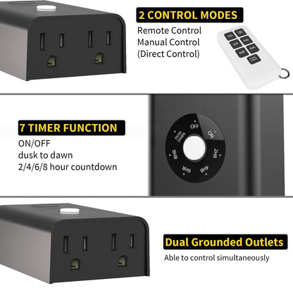 Minoston Outdoor Timer Outlet Waterproof with Remote, 2 Outlets Dusk to Dawn Plug, Light Sensor Countdown Timer 2 4 6 8 Hours 100Ft Remote Control Home Garden(MP42T)