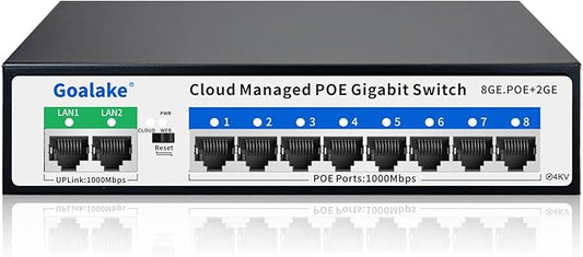 Goalake 8 Ports Gigabit PoE Switch with 2 Gigabit Uplinks, Cloud Managed for Small Business & Home Security,120W for IP Cameras/WiFi APs, Easy Manage via App/Web, VLAN/QoS, Fanless Metal,Plug-and-Play