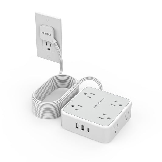TESSAN Surge Protector Power Strip, 20 Ft Flat Plug Extension Cord with 3 USB (1 USB C) 8 Outlets, 1250W, 900J Protection, 3 Sided Outlet Extender with Power Switch for Office, Dorm Room, Grey