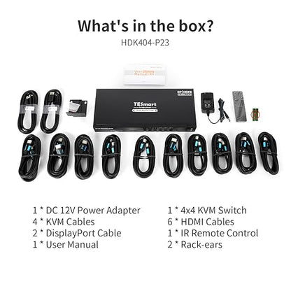 TESmart Quad Monitor HDMI+DP MST KVM Switch 4 Monitors 4 Computers 4K@60Hz, USB 3.0 KVM Docking Station, Audio&Microphone, EDID emulators, Hotkey Switch, Rack-Ears, with Input Cables