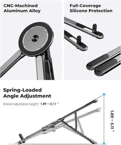 Viozon Portable Laptop Stand for Desk & Travel, Magnetic Phone Holder Tripod, Compatible with 10–16" Laptops and 4–13" Phones/Tablets, Compact Foldable Aluminum Alloy, 8-Level Height Adjustment