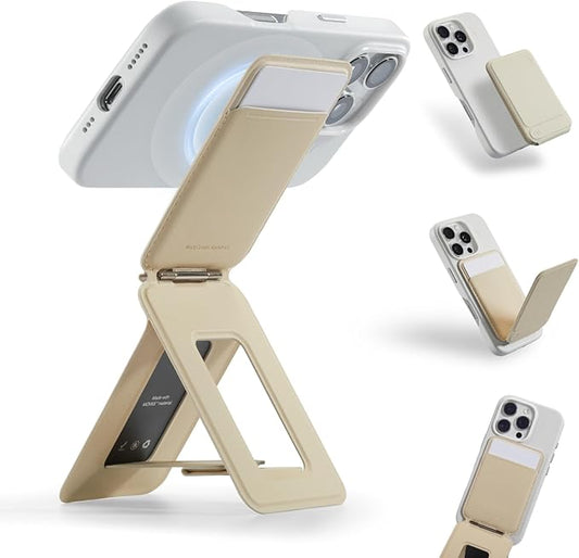 MOFT Phone Stand Wallet, NFC-Supported Tap-and-Go Card Holder, MOVAS Leather, Slim Magnetic Tripod for iPhone 17/16/15/14/13/12, Travel Essential Wallet Cell Phone Stand for 2 Cards, Earthen Beige