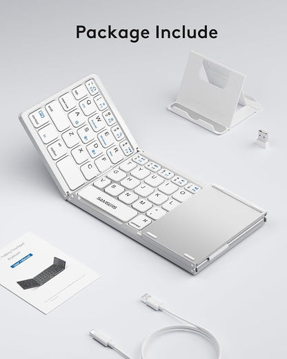 Samsers Multi-Device Foldable Bluetooth Keyboard with Touchpad, Rechargeable Dual-Mode(2.4G+BTx2) Wireless Keyboard with Holder, Portable Folding Keyboards for Android Windows iOS Mac OS - Silver
