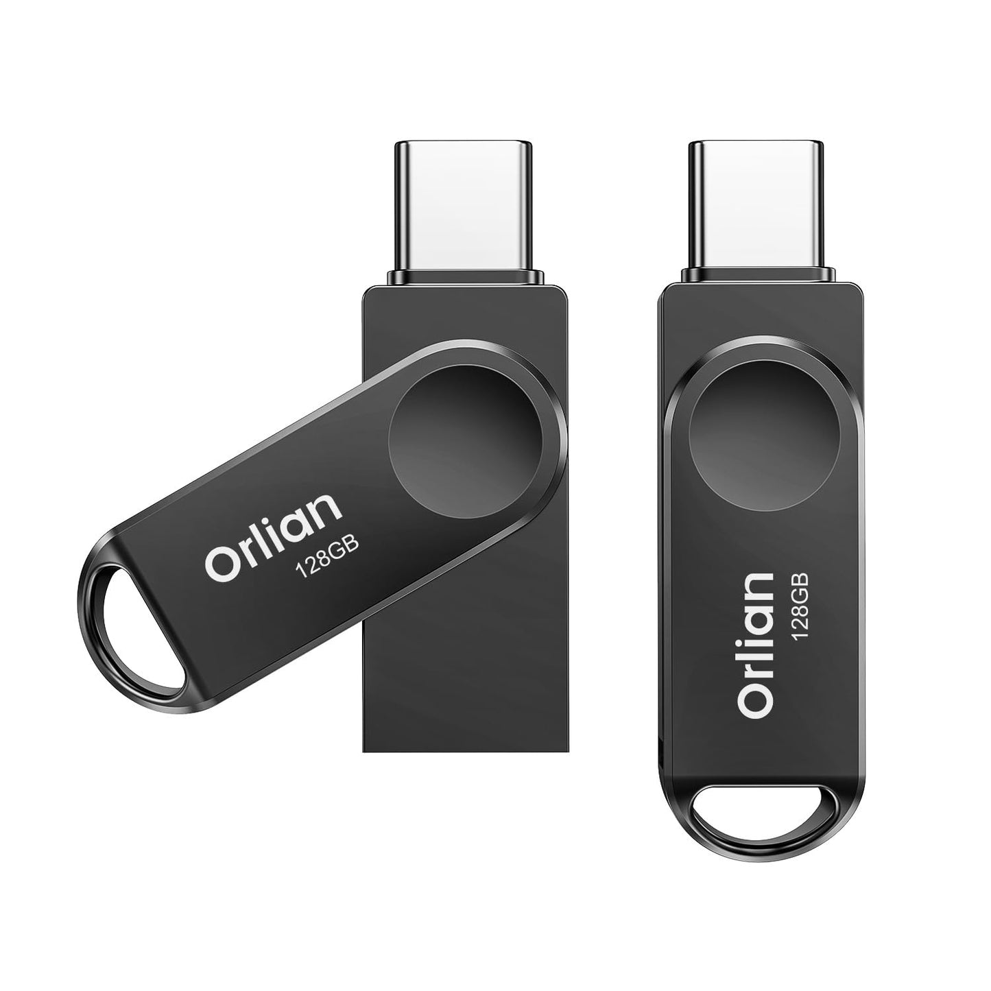 Orlian 2PCS 128GB USB C Flash Drive for Phone, Dual USB 3.0 Phone Thumb Drive Type-C & USB-A, up to 110MB/S Metal Waterproof Swivel Memory Stick for iPhone 15/16/17, Android, Tablet, Computer PC